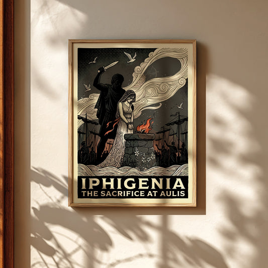 Iphigenia sacrifice poster in a graphic style, featuring a dagger, altar, and dramatic clouds.