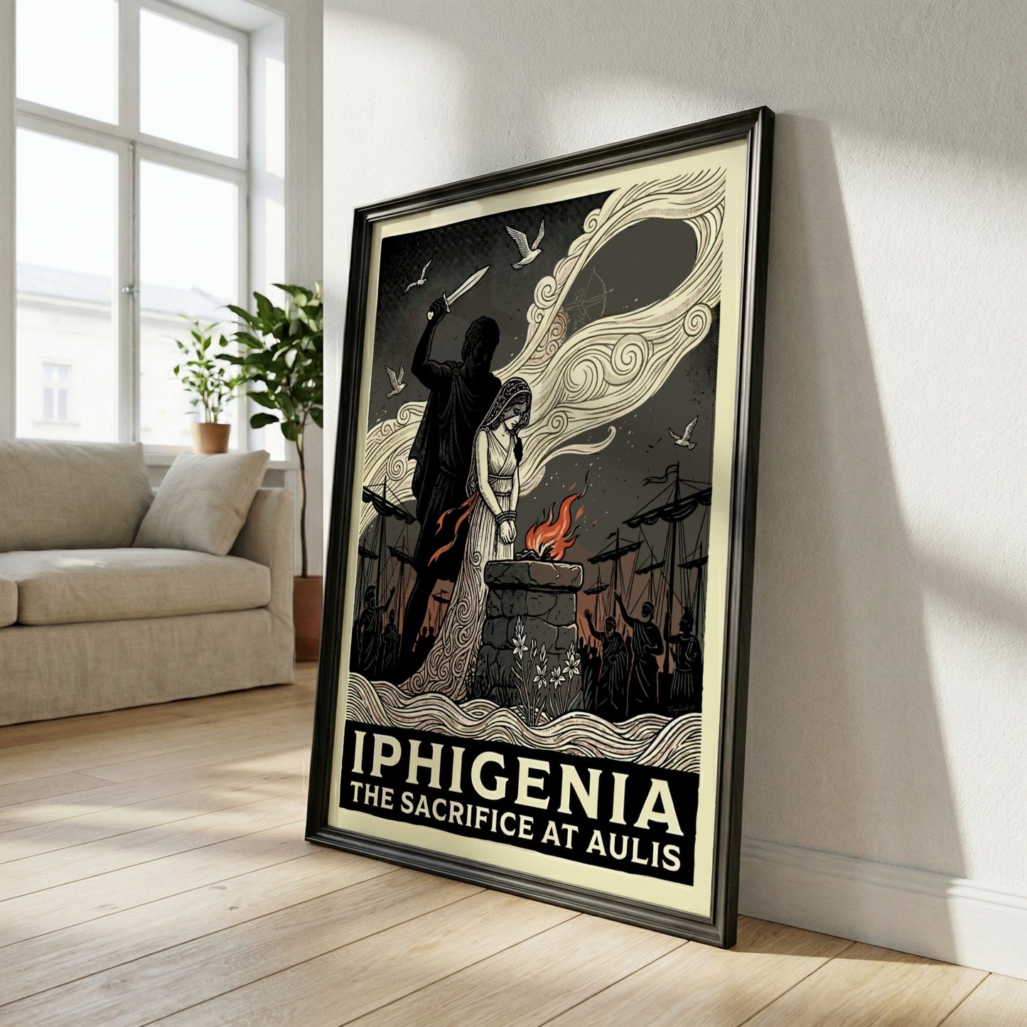 Iphigenia sacrifice poster in a graphic style, featuring a dagger, altar, and dramatic clouds.