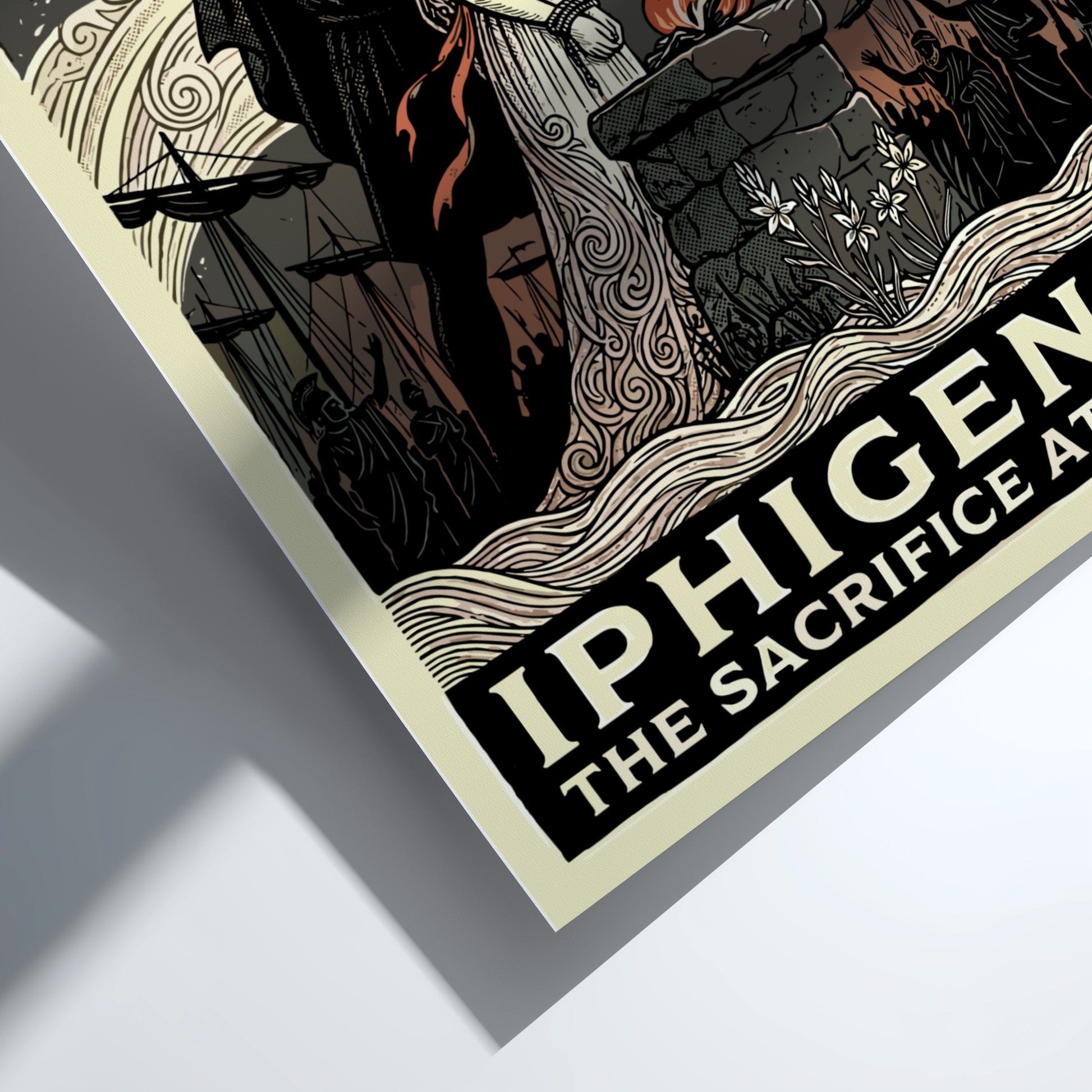Iphigenia sacrifice poster in a graphic style, featuring a dagger, altar, and dramatic clouds.