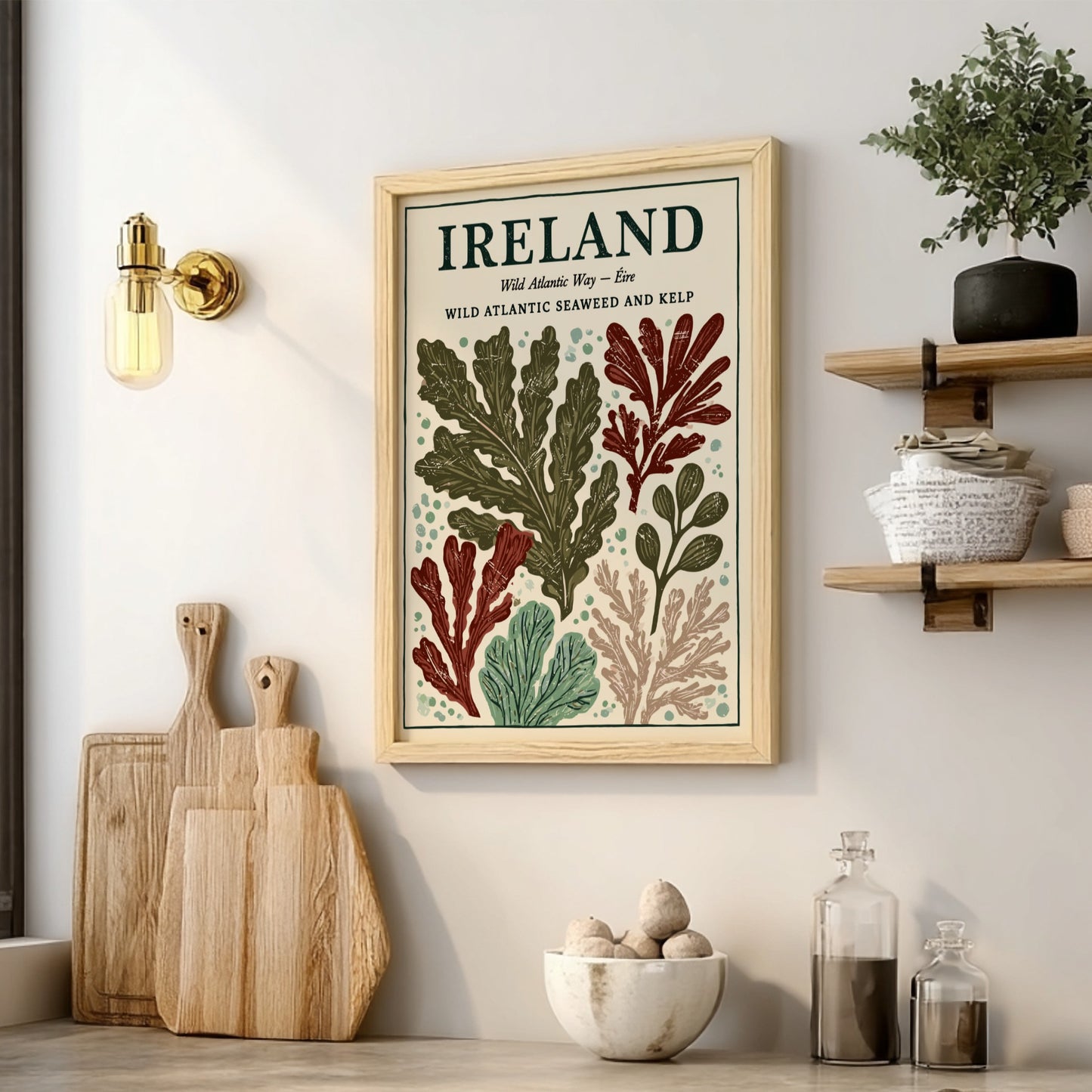 Kitchen poster featuring seaweed illustrations in earthy tones, perfect for coastal decor