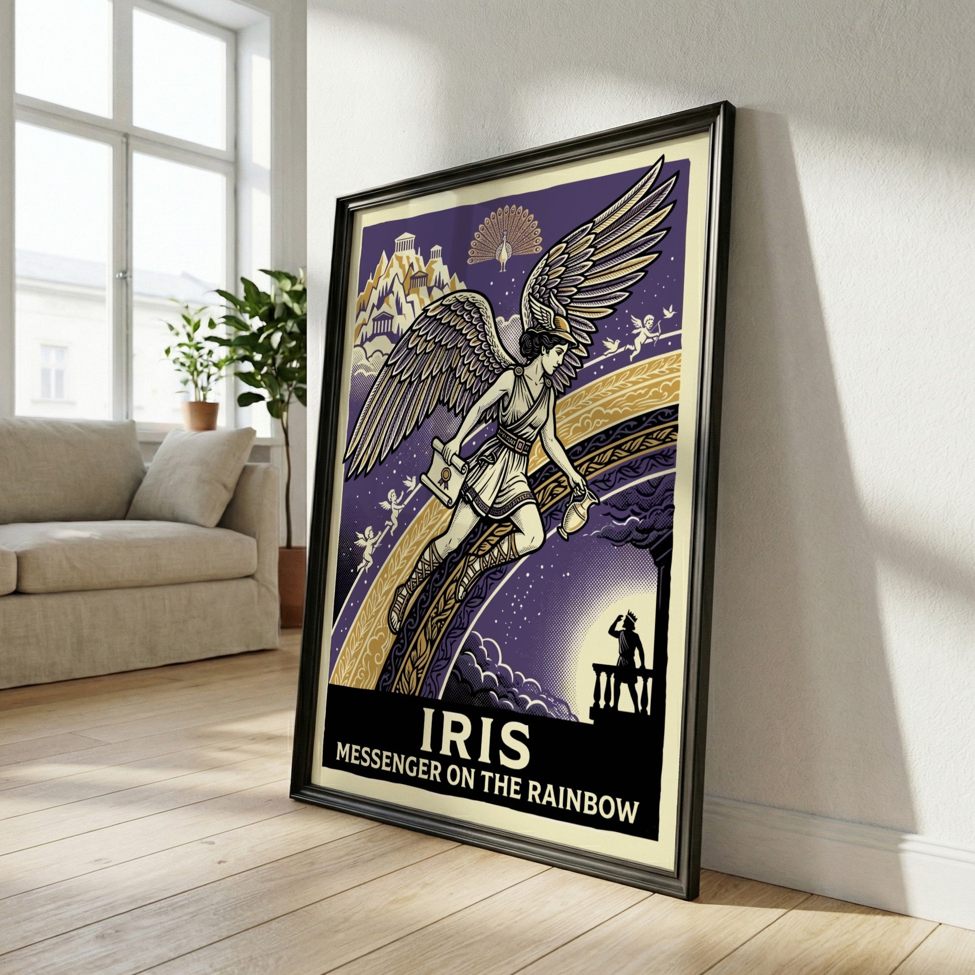 Iris Greek mythology poster featuring the winged goddess on a rainbow against a starry purple sky.