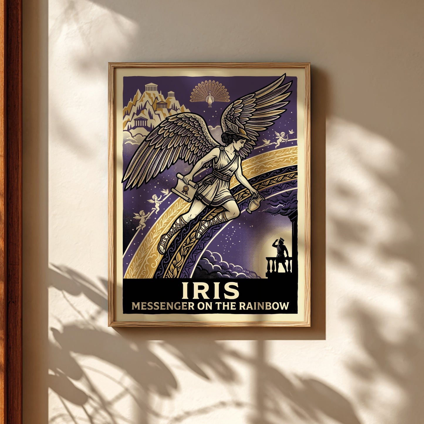 Iris Greek mythology poster featuring the winged goddess on a rainbow against a starry purple sky.