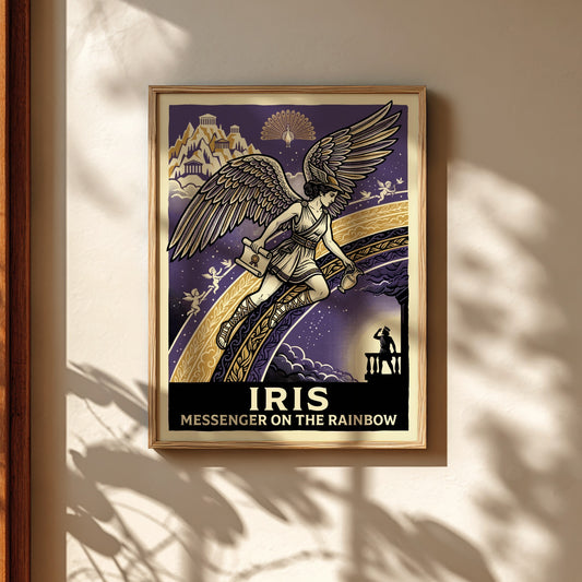 Iris Greek mythology poster featuring the winged goddess on a rainbow against a starry purple sky.