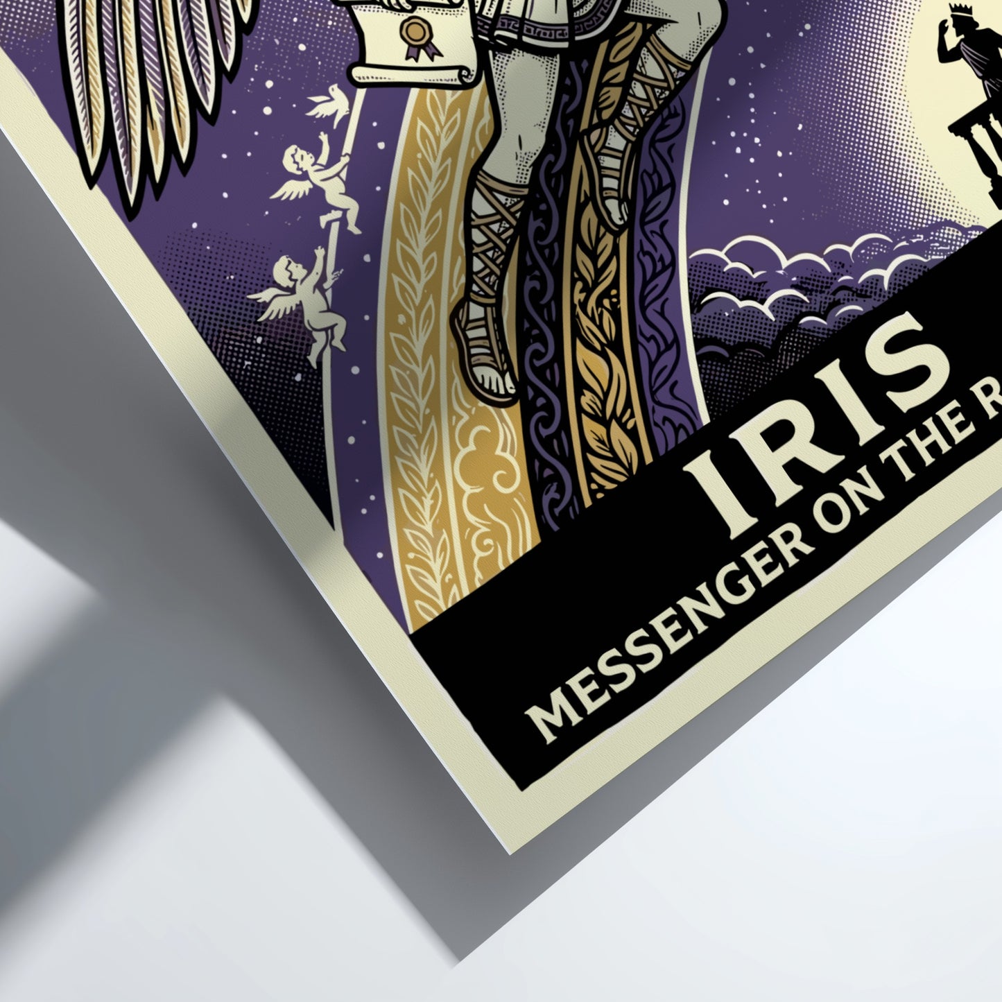 Iris Greek mythology poster featuring the winged goddess on a rainbow against a starry purple sky.