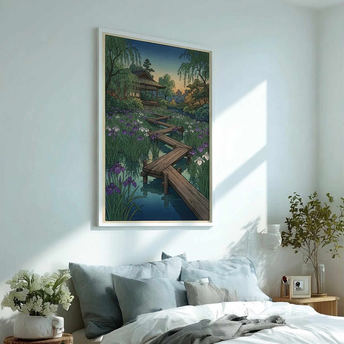 Poster featuring a traditional Japanese woodblock style garden with purple irises and walkways.