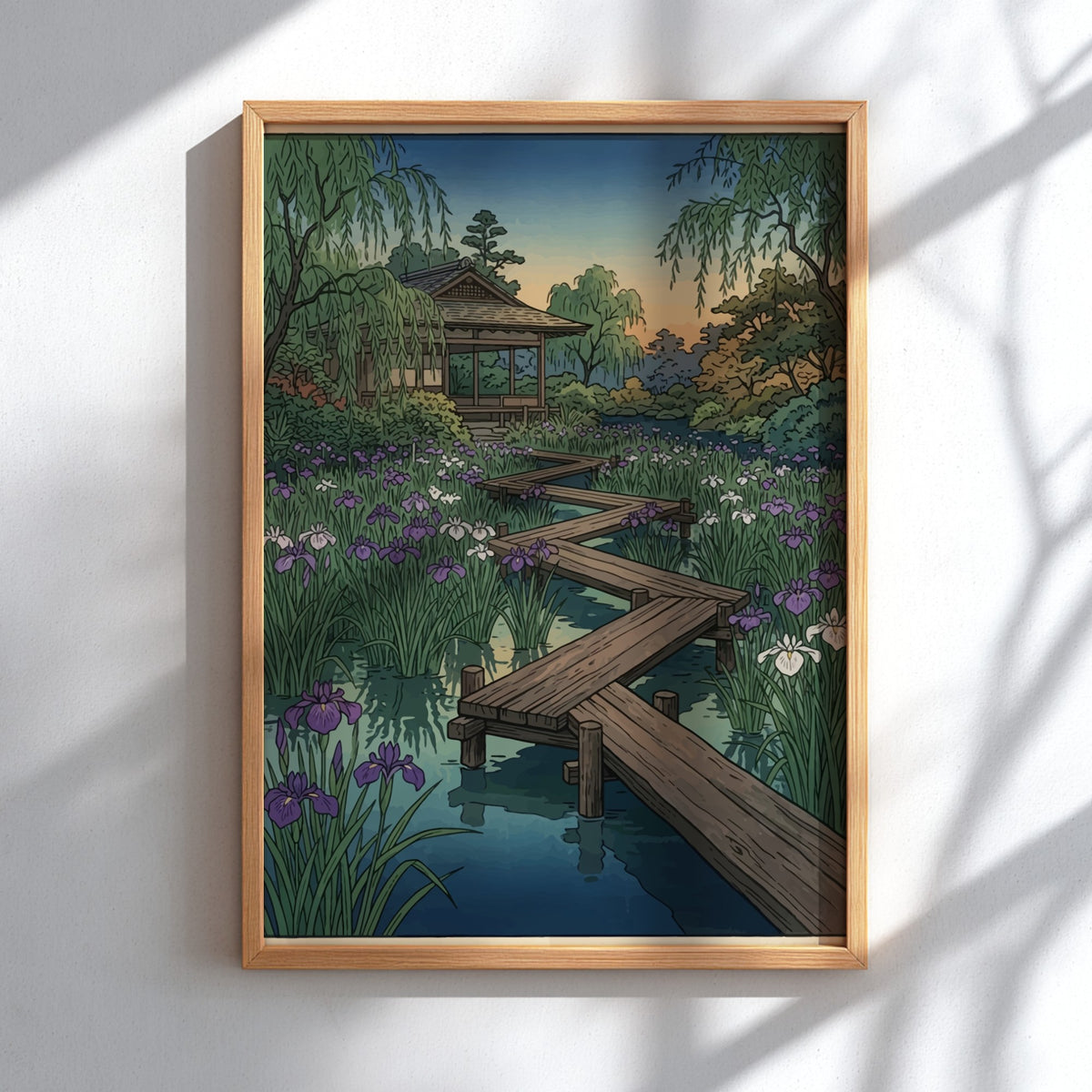 Poster featuring a traditional Japanese woodblock style garden with purple irises and walkways.
