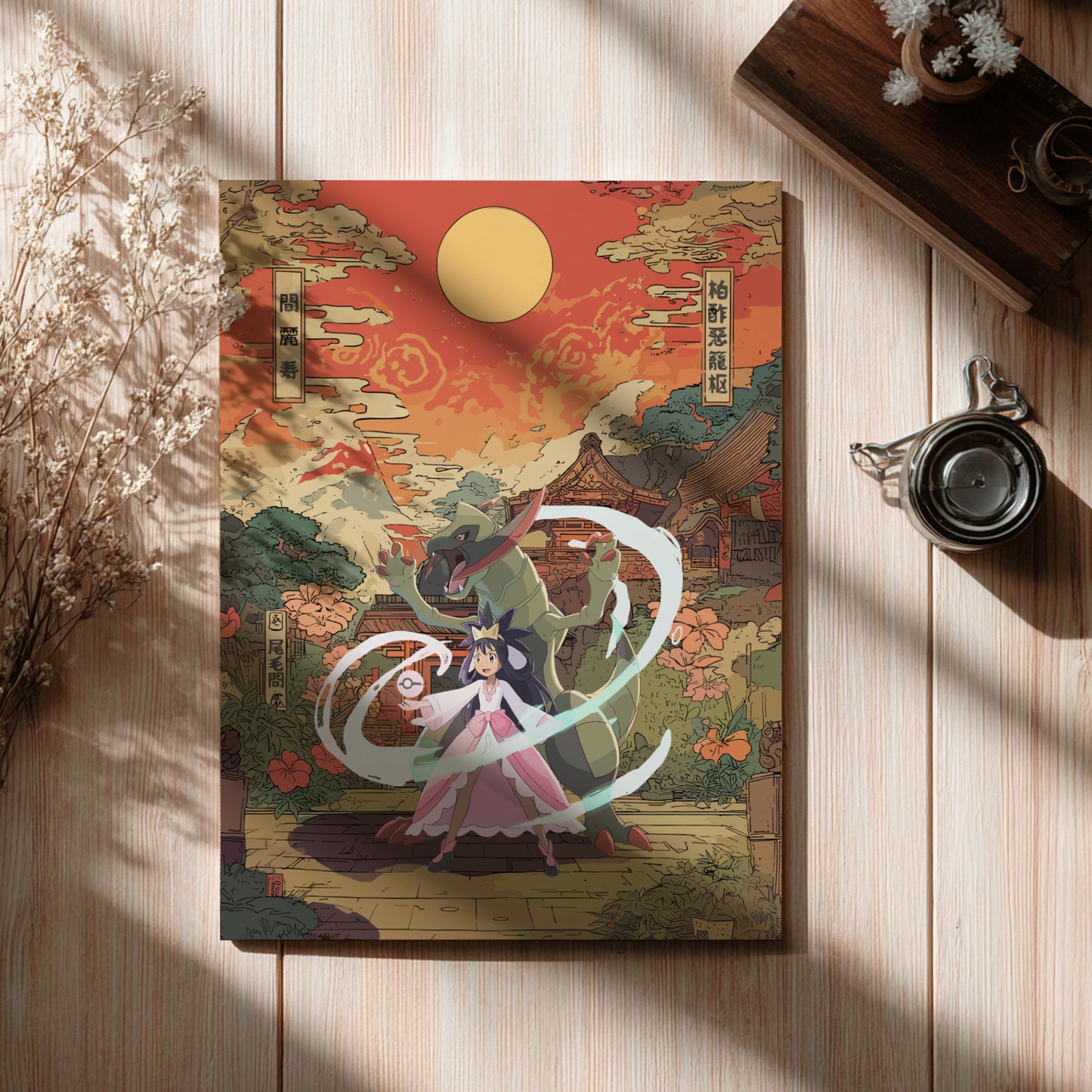 Decorative poster with Iris and Haxorus Pokemon design on a wooden surface
