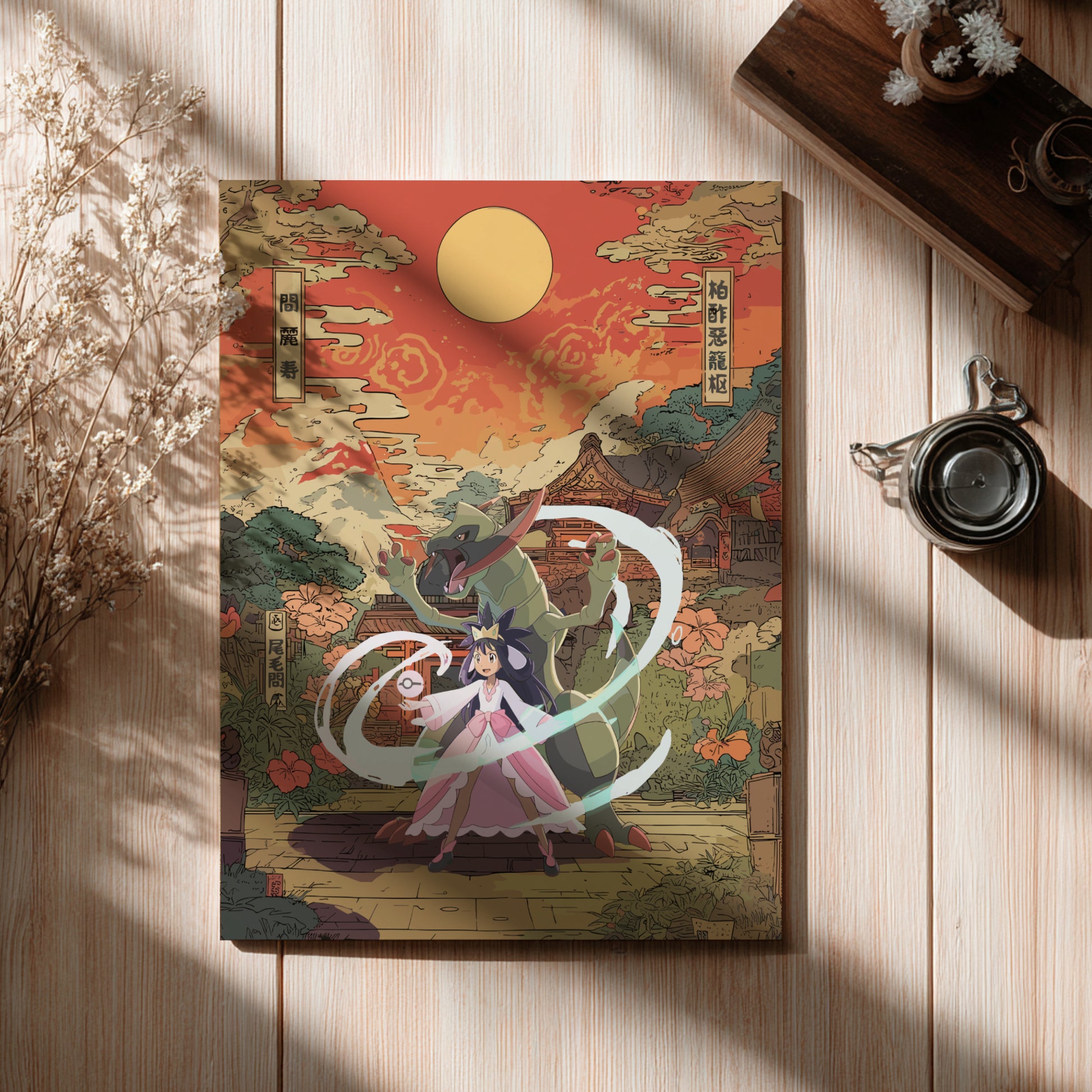Decorative poster with Iris and Haxorus Pokemon design on a wooden surface