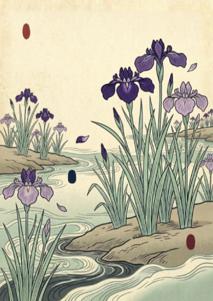 Japanese art style poster featuring irises blooming by a riverbank in soft purple and green tones