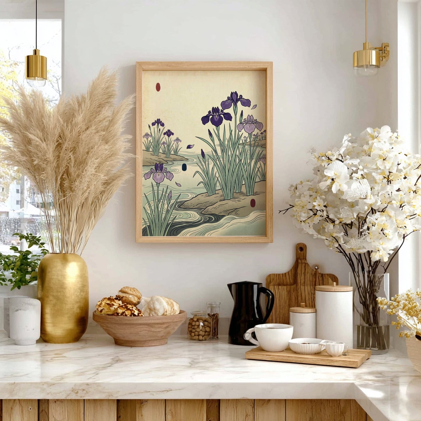 Japanese art style poster featuring irises blooming by a riverbank in soft purple and green tones