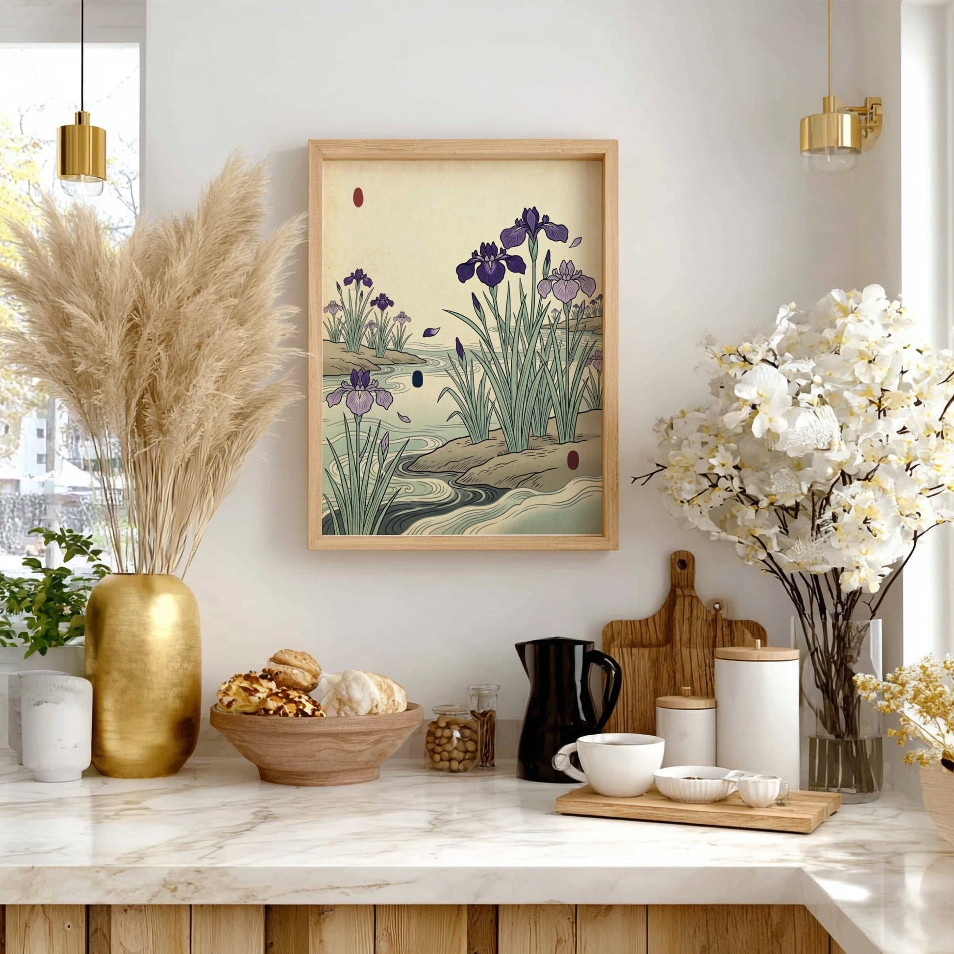 Japanese art style poster featuring irises blooming by a riverbank in soft purple and green tones