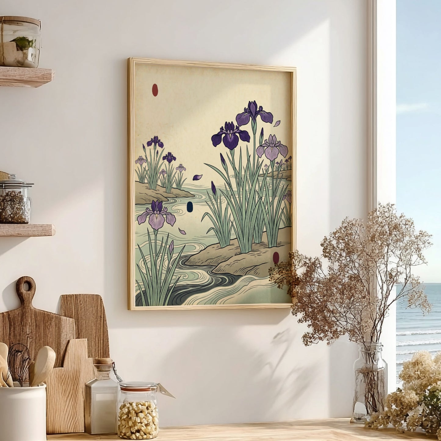 Japanese art style poster featuring irises blooming by a riverbank in soft purple and green tones