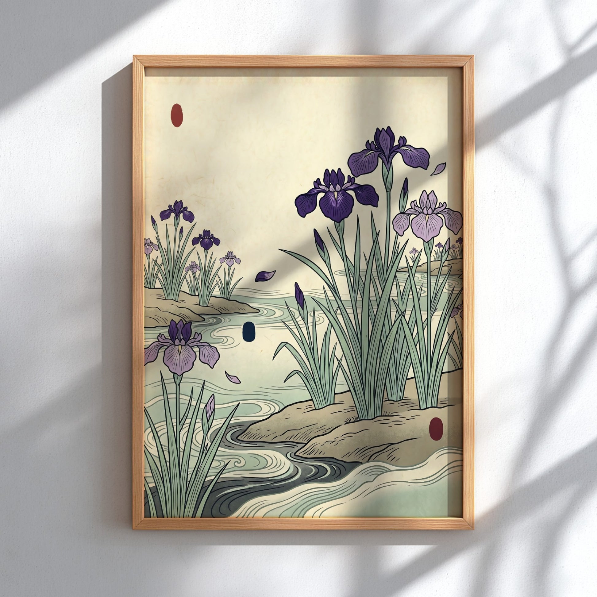 Japanese art style poster featuring irises blooming by a riverbank in soft purple and green tones