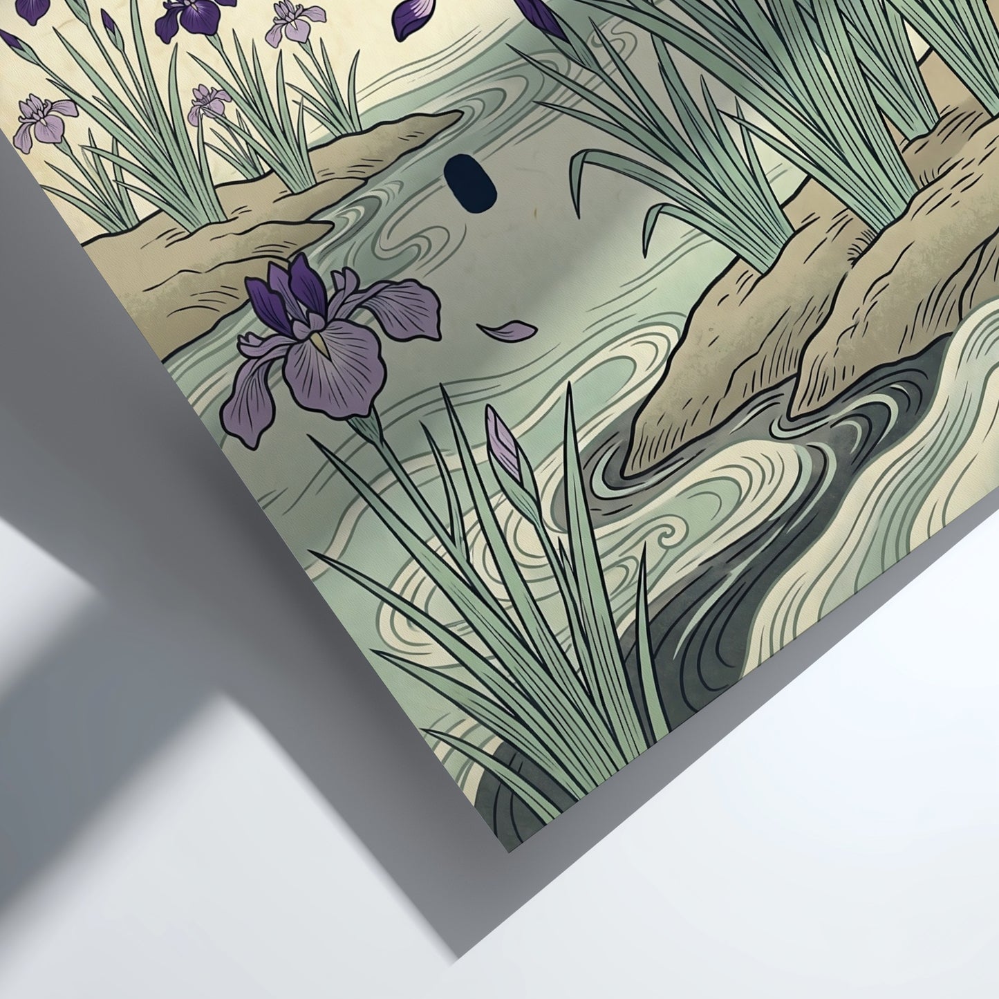 Japanese art style poster featuring irises blooming by a riverbank in soft purple and green tones