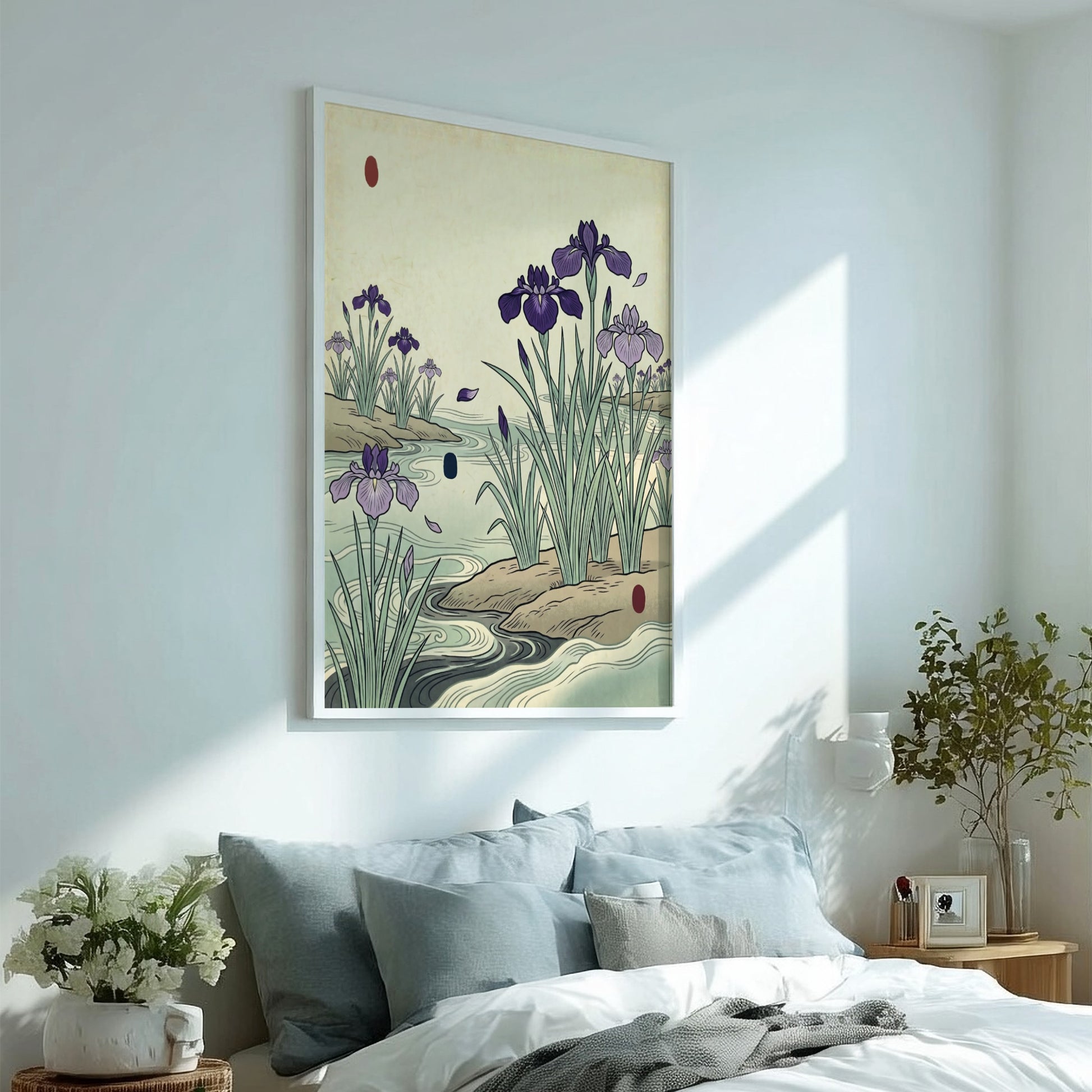 Japanese art style poster featuring irises blooming by a riverbank in soft purple and green tones