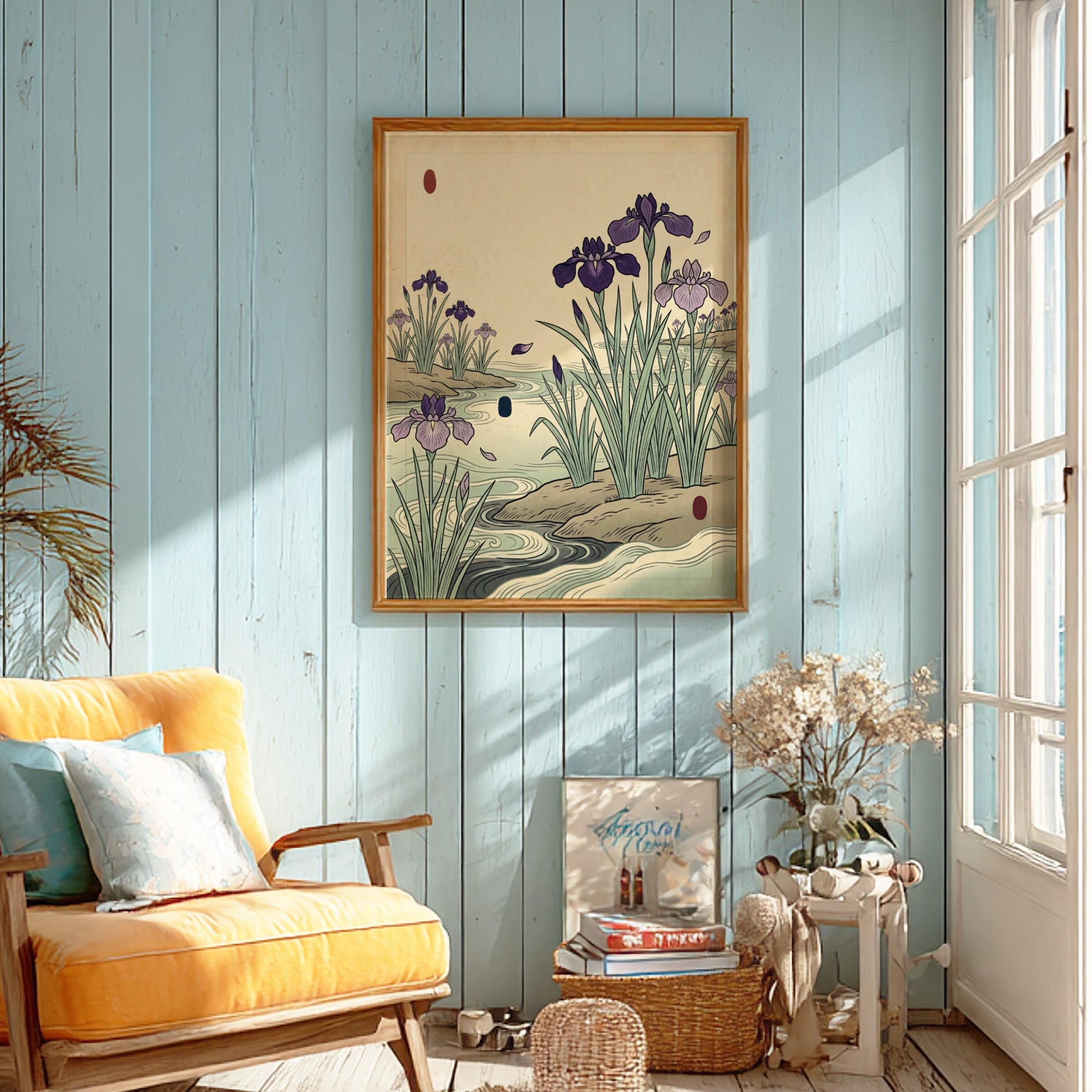 Japanese art style poster featuring irises blooming by a riverbank in soft purple and green tones