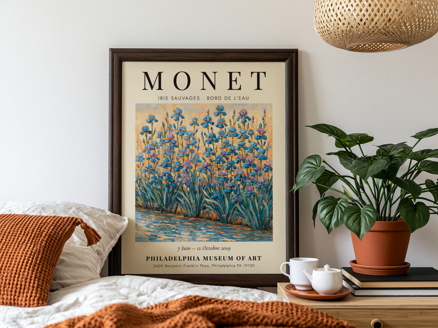 Monet inspired wall art featuring vibrant irises in blues and greens, impressionist style decor