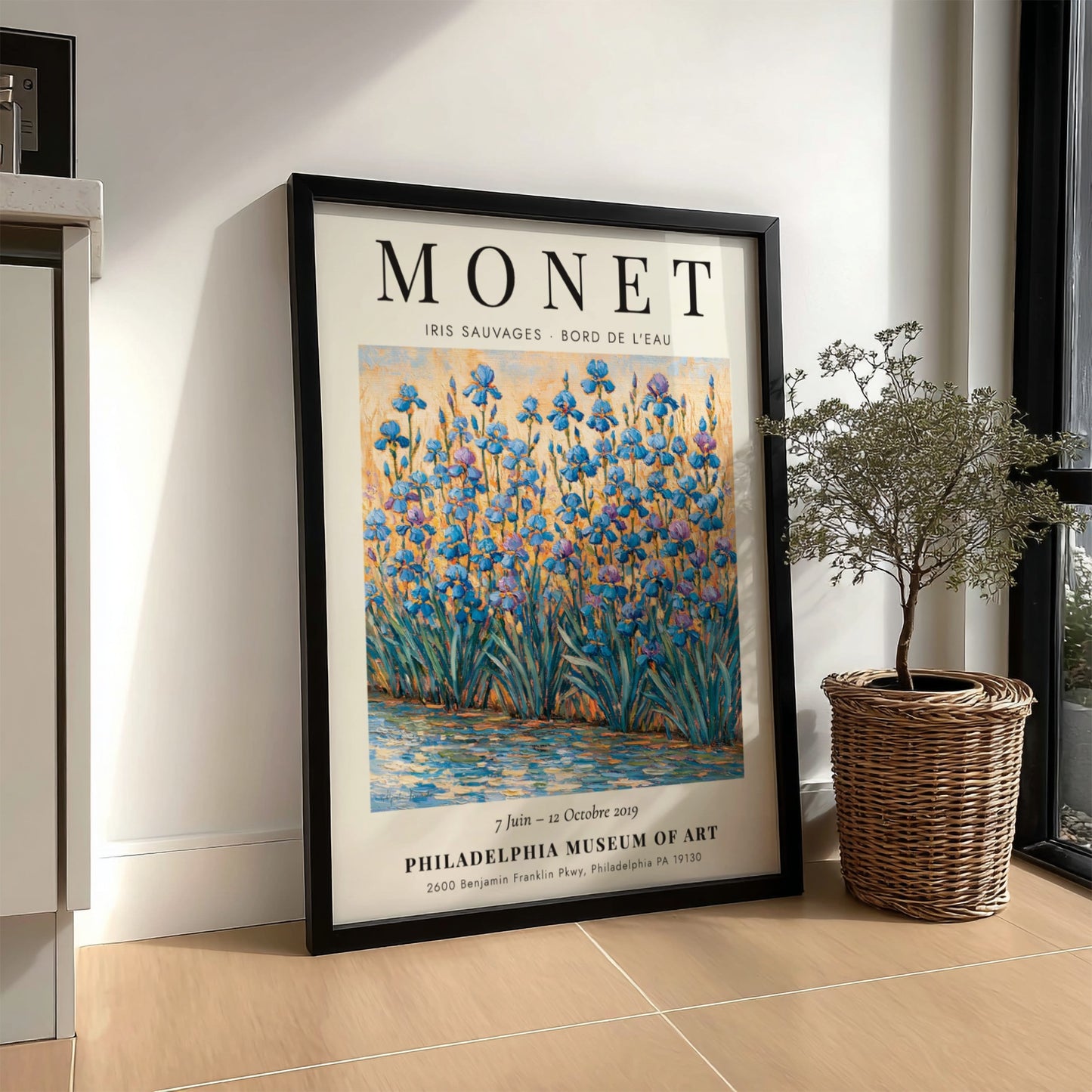Monet inspired wall art featuring vibrant irises in blues and greens, impressionist style decor
