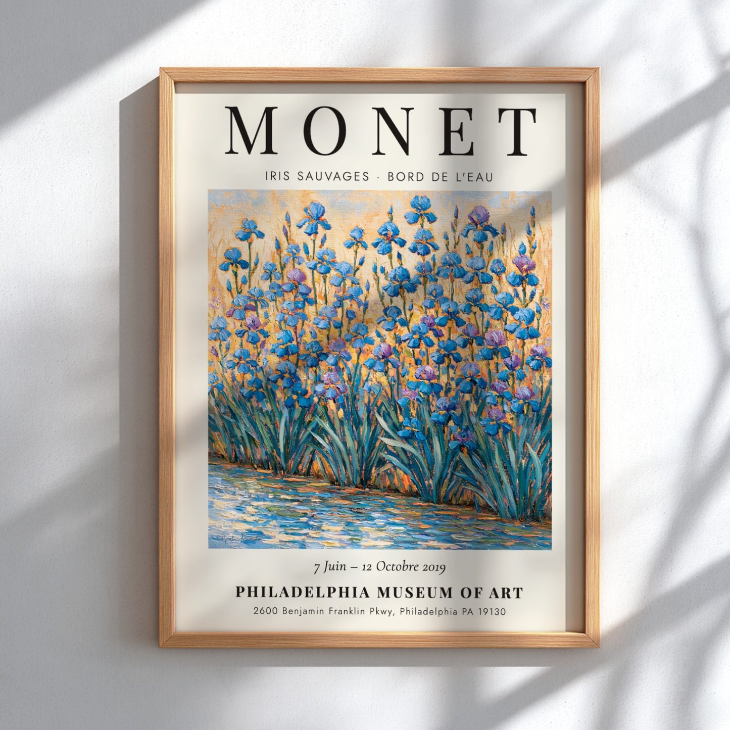 Monet inspired wall art featuring vibrant irises in blues and greens, impressionist style decor