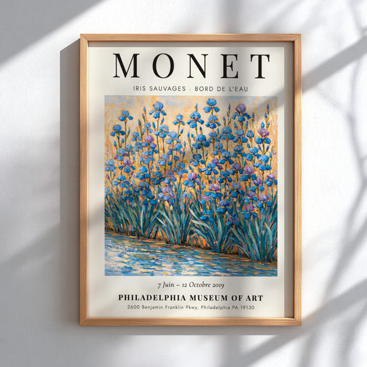 Monet inspired wall art featuring vibrant irises in blues and greens, impressionist style decor