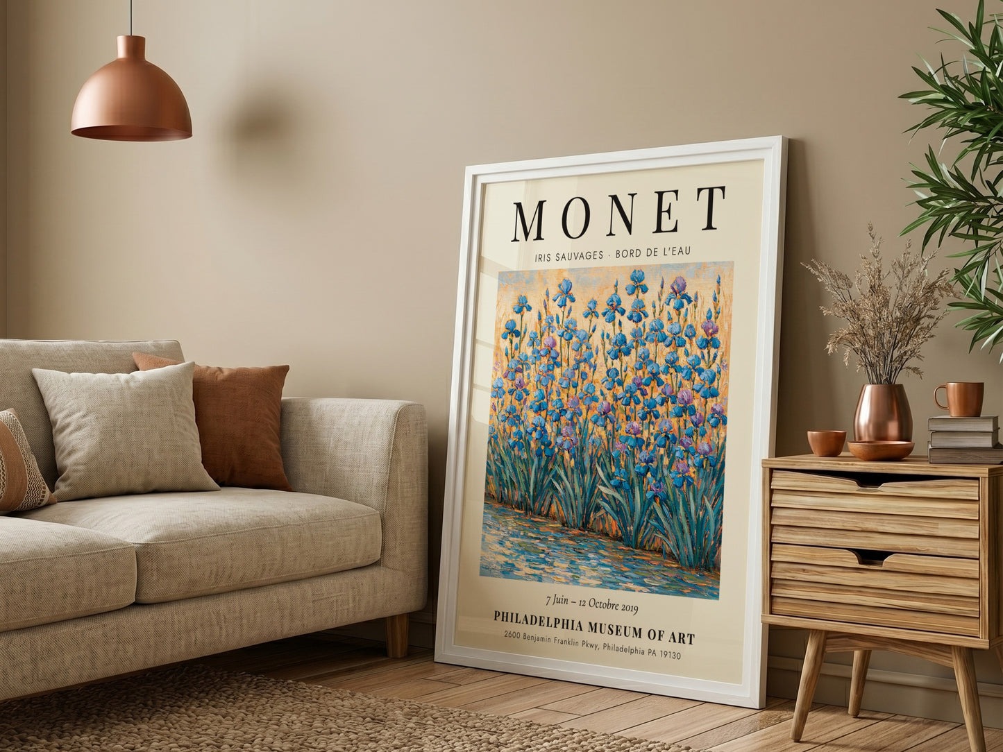 Monet inspired wall art featuring vibrant irises in blues and greens, impressionist style decor