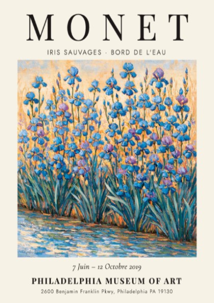 Monet inspired wall art featuring vibrant irises in blues and greens, impressionist style decor