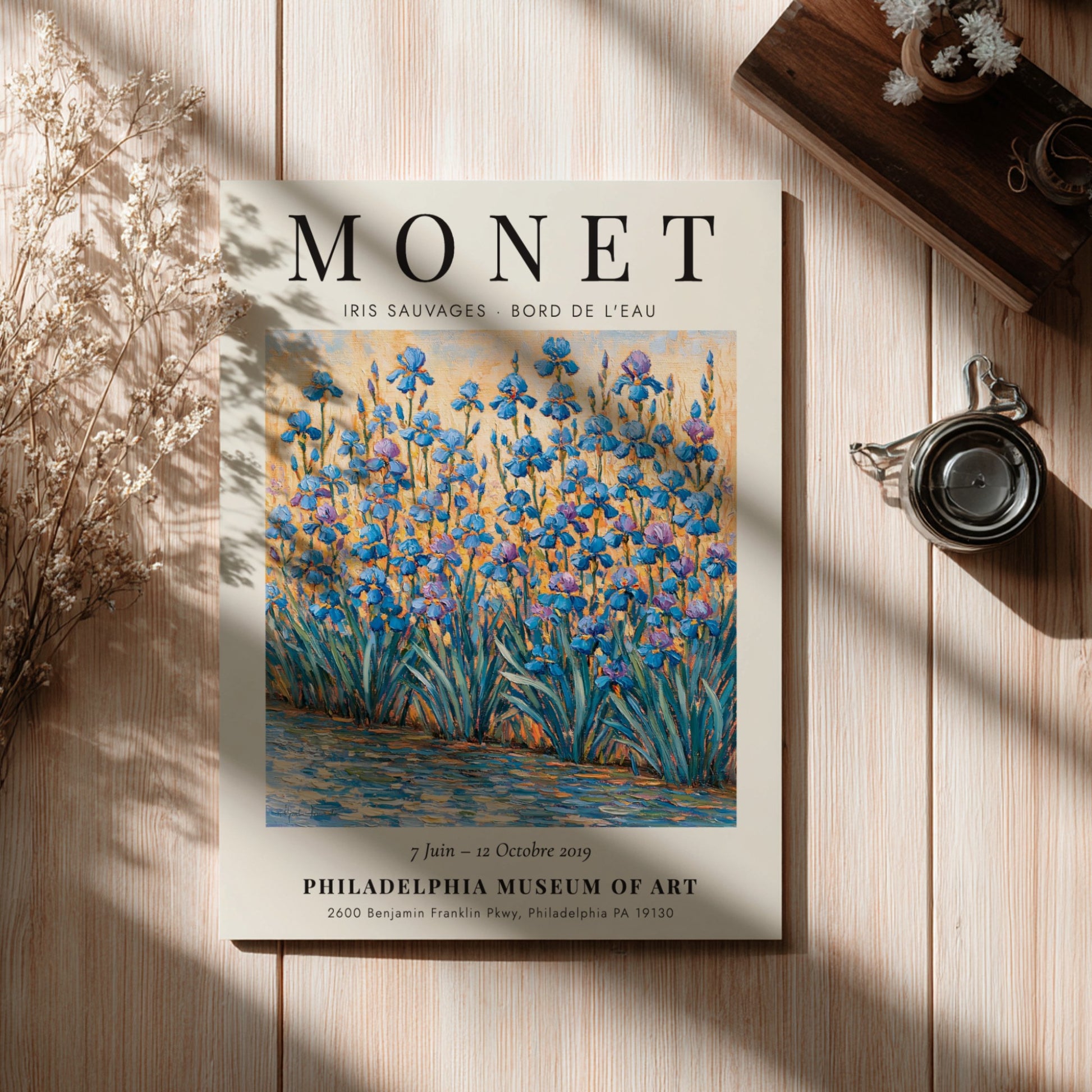 Monet inspired wall art featuring vibrant irises in blues and greens, impressionist style decor
