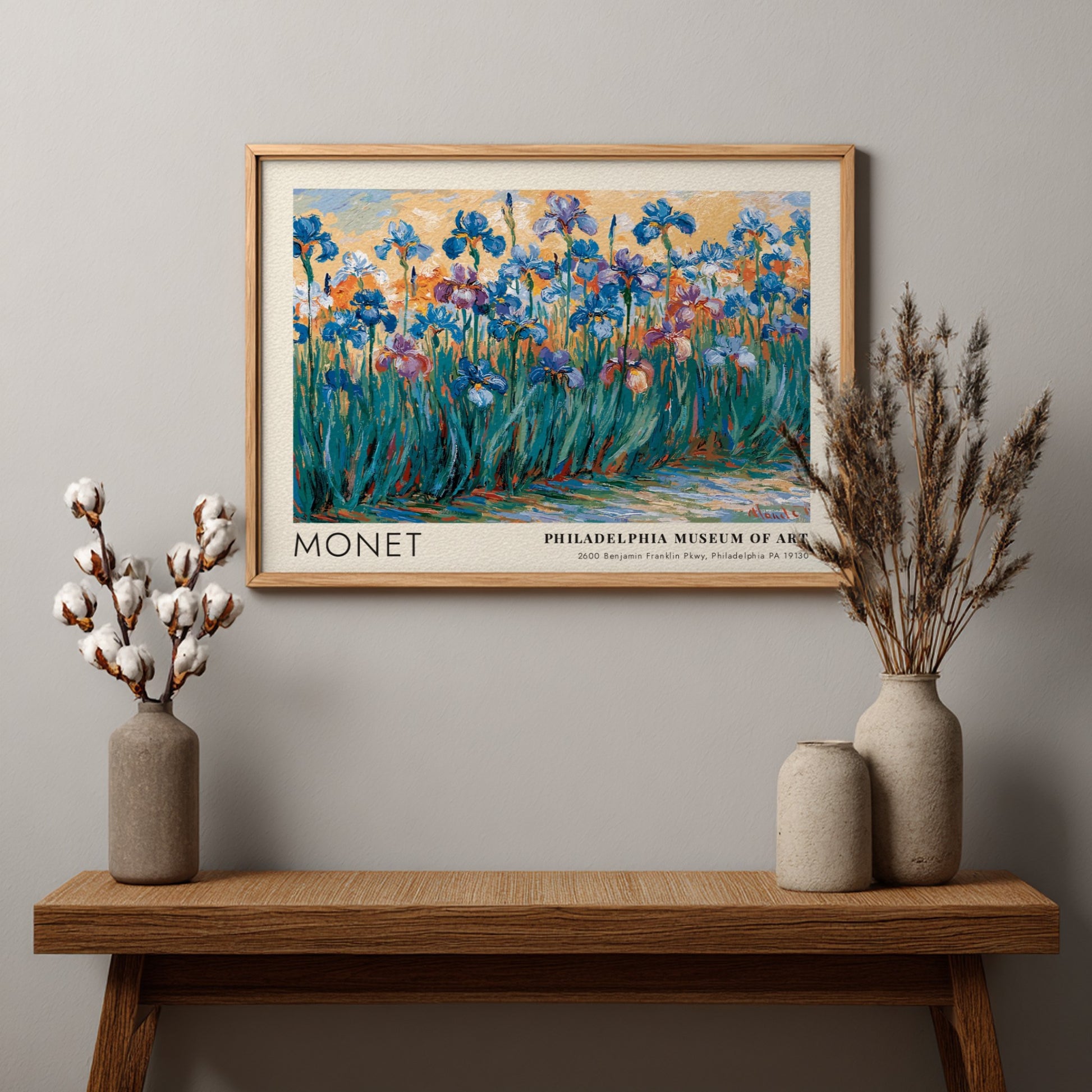 Iris Sauvages wall art print featuring vibrant irises in blue and purple tones by Monet