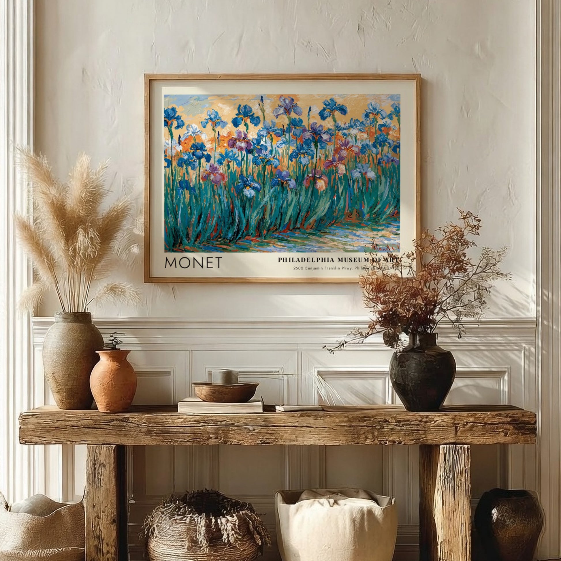 Iris Sauvages wall art print featuring vibrant irises in blue and purple tones by Monet