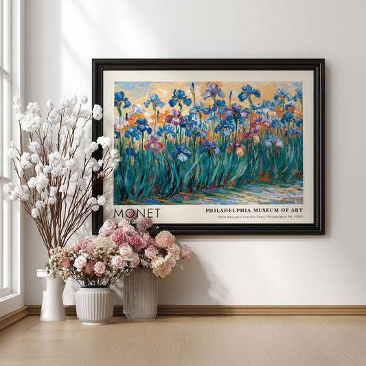 Iris Sauvages wall art print featuring vibrant irises in blue and purple tones by Monet