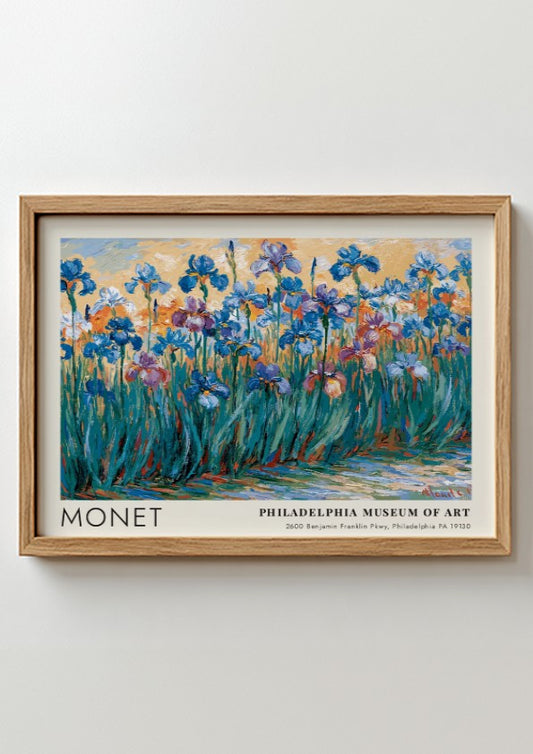 Iris Sauvages wall art print featuring vibrant irises in blue and purple tones by Monet
