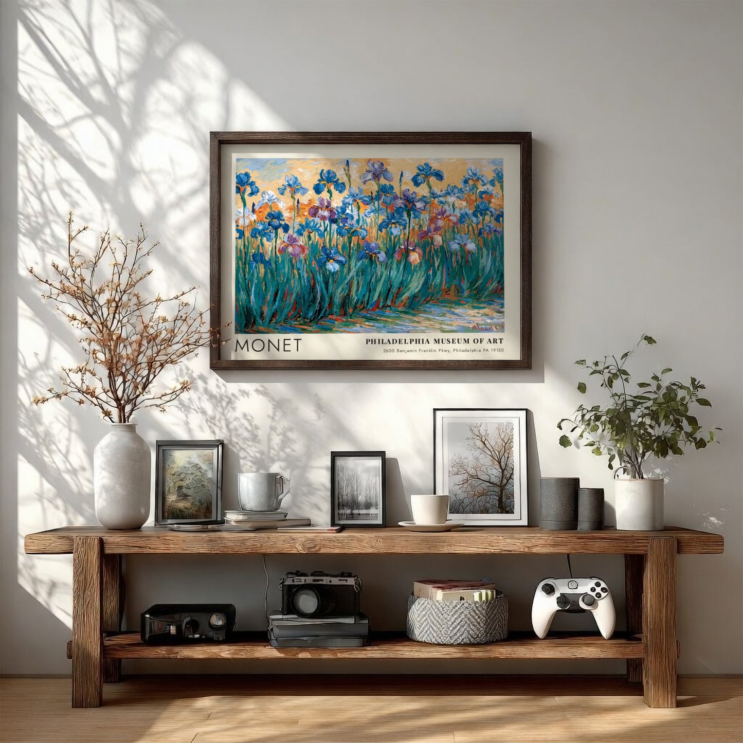 Iris Sauvages wall art print featuring vibrant irises in blue and purple tones by Monet