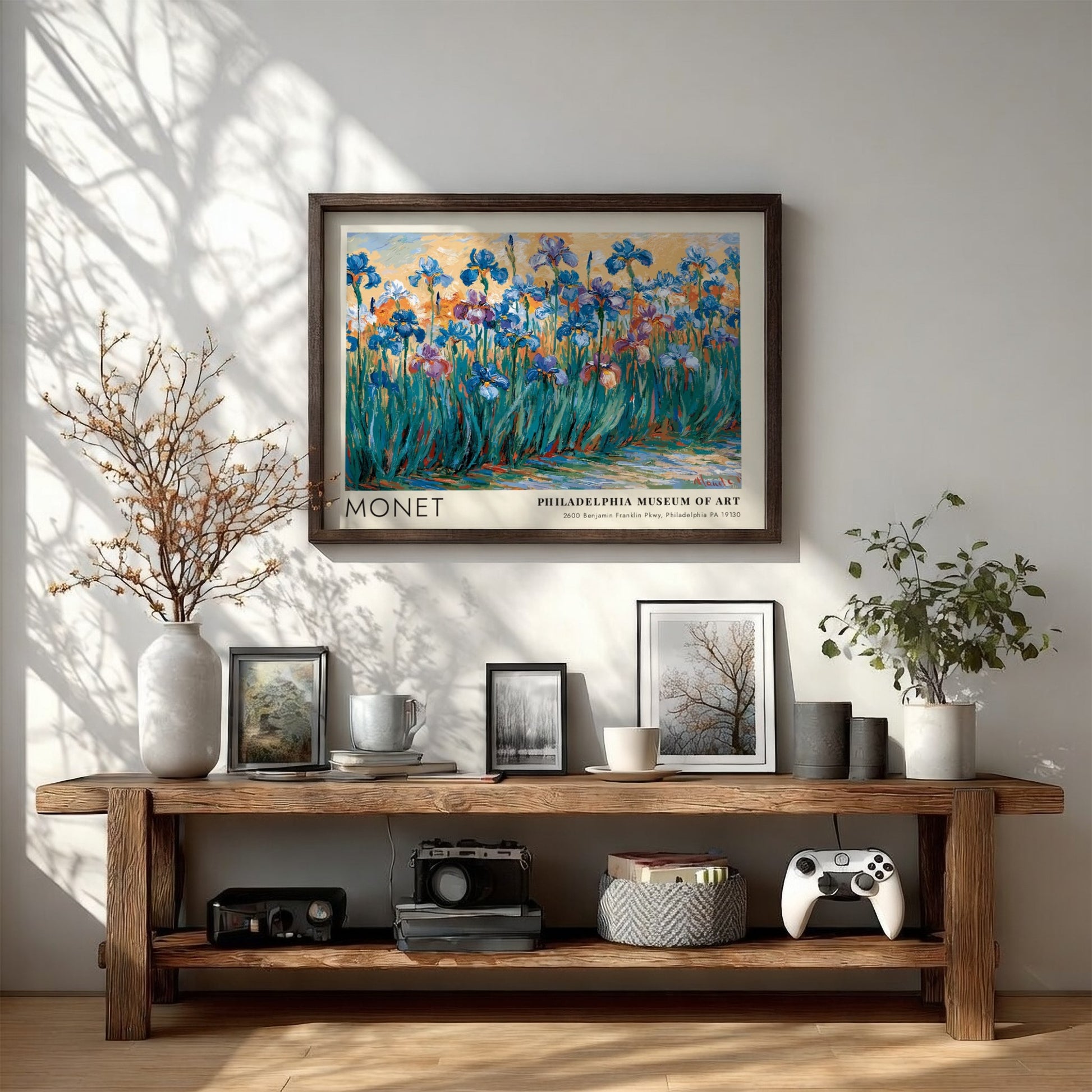 Iris Sauvages wall art print featuring vibrant irises in blue and purple tones by Monet