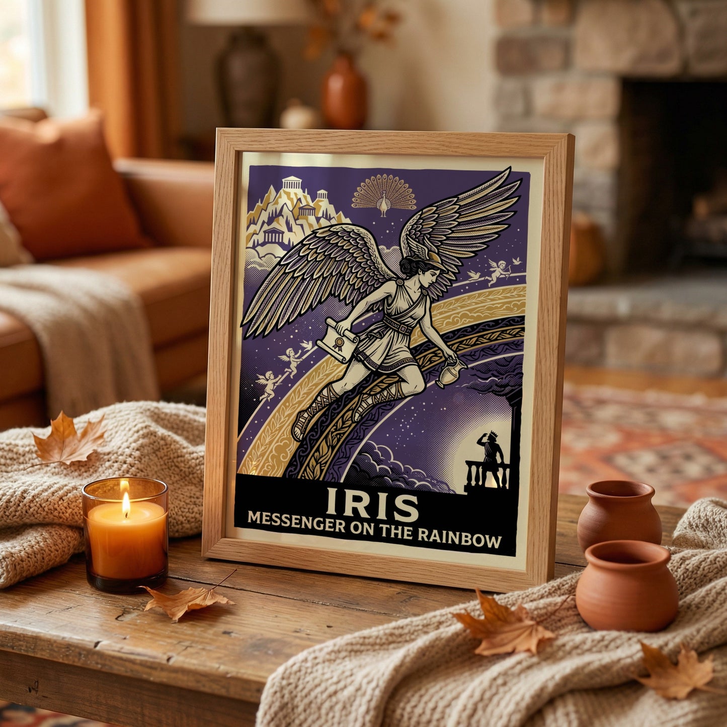 Iris Greek mythology poster featuring the winged goddess on a rainbow against a starry purple sky.