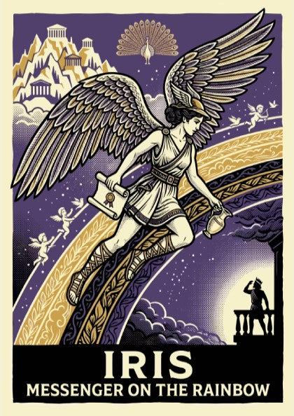 Iris Greek mythology poster featuring the winged goddess on a rainbow against a starry purple sky.
