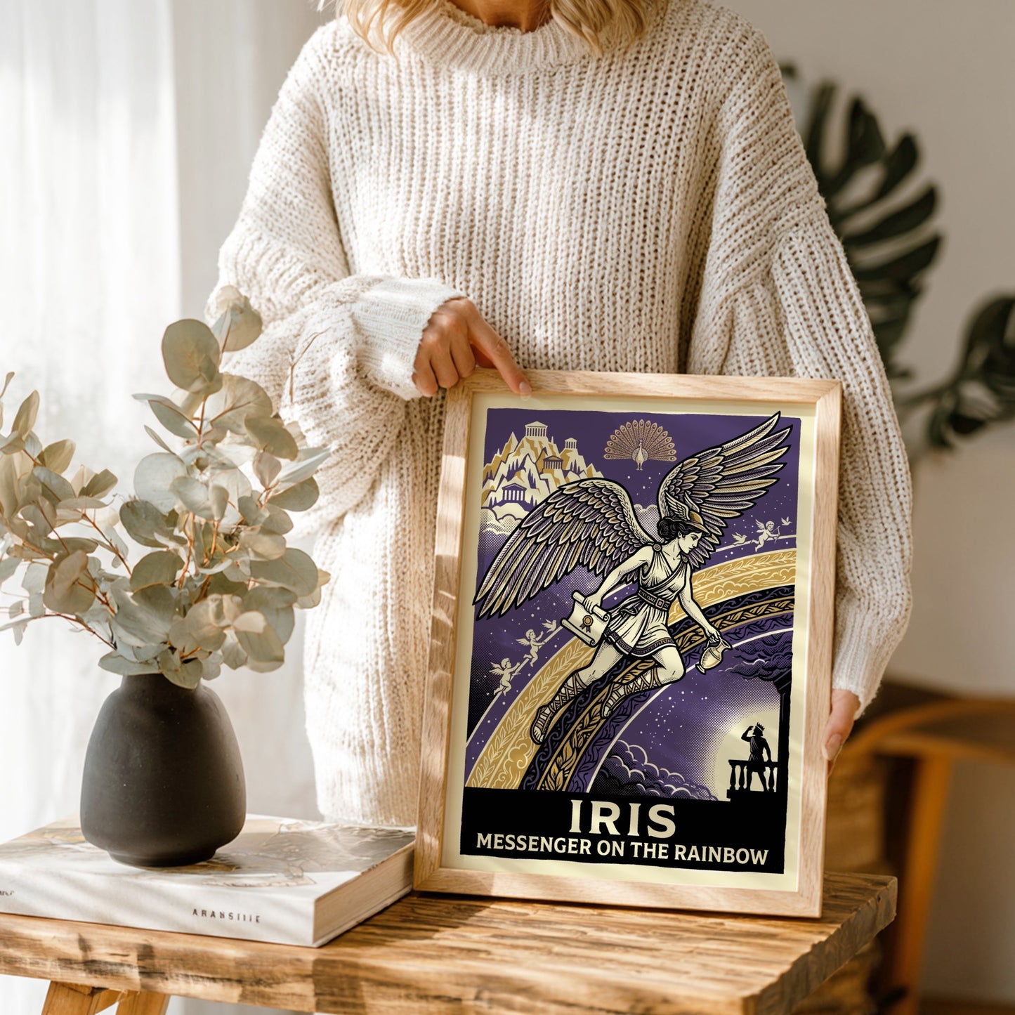 Iris Greek mythology poster featuring the winged goddess on a rainbow against a starry purple sky.