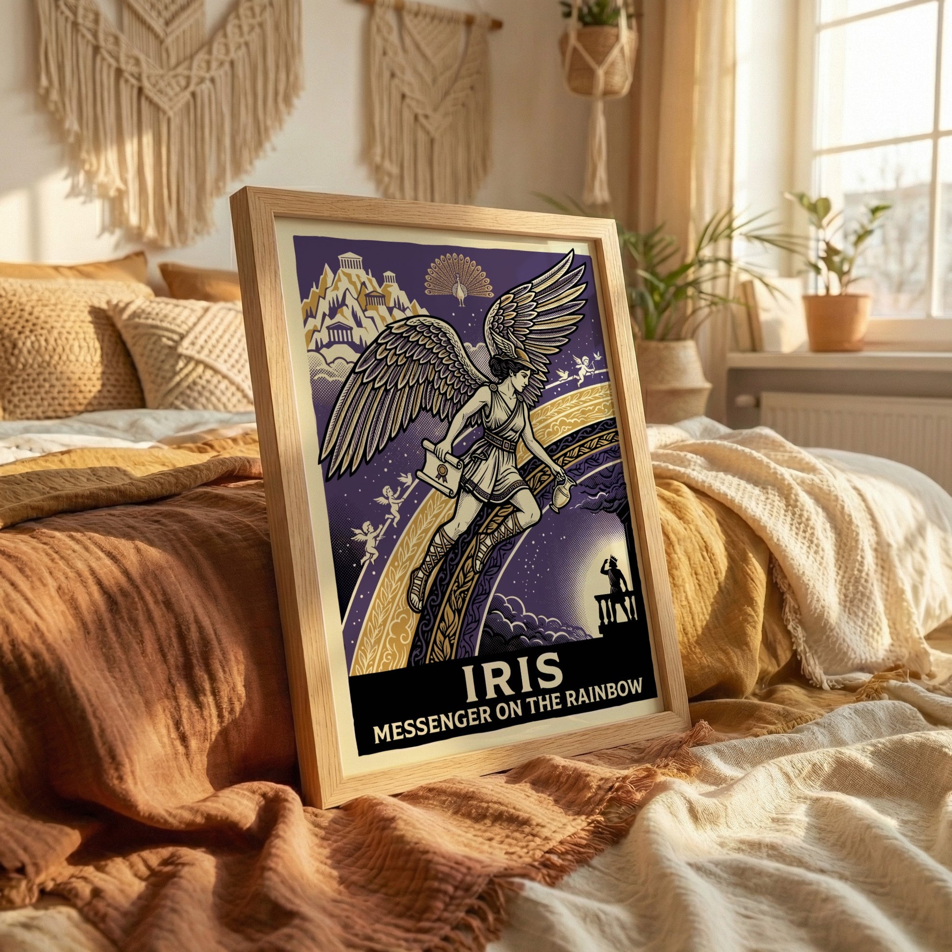 Iris Greek mythology poster featuring the winged goddess on a rainbow against a starry purple sky.
