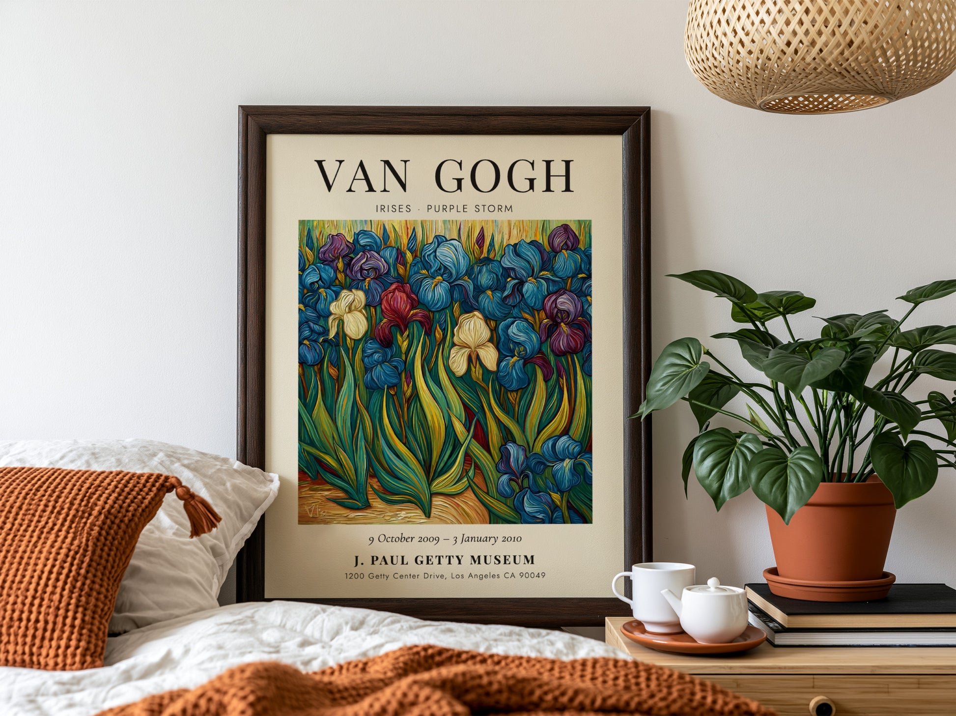 Poster inspired by Van Gogh featuring vibrant irises in purple and green hues