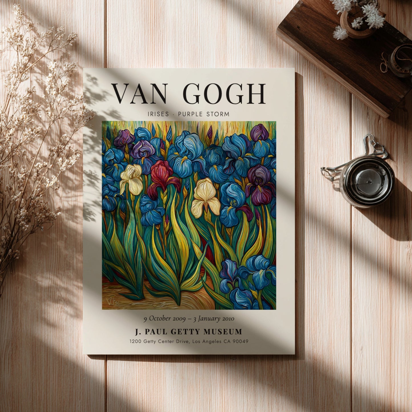 Poster inspired by Van Gogh featuring vibrant irises in purple and green hues