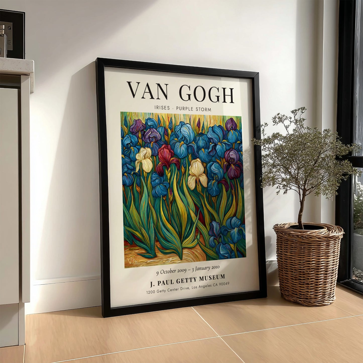 Poster inspired by Van Gogh featuring vibrant irises in purple and green hues