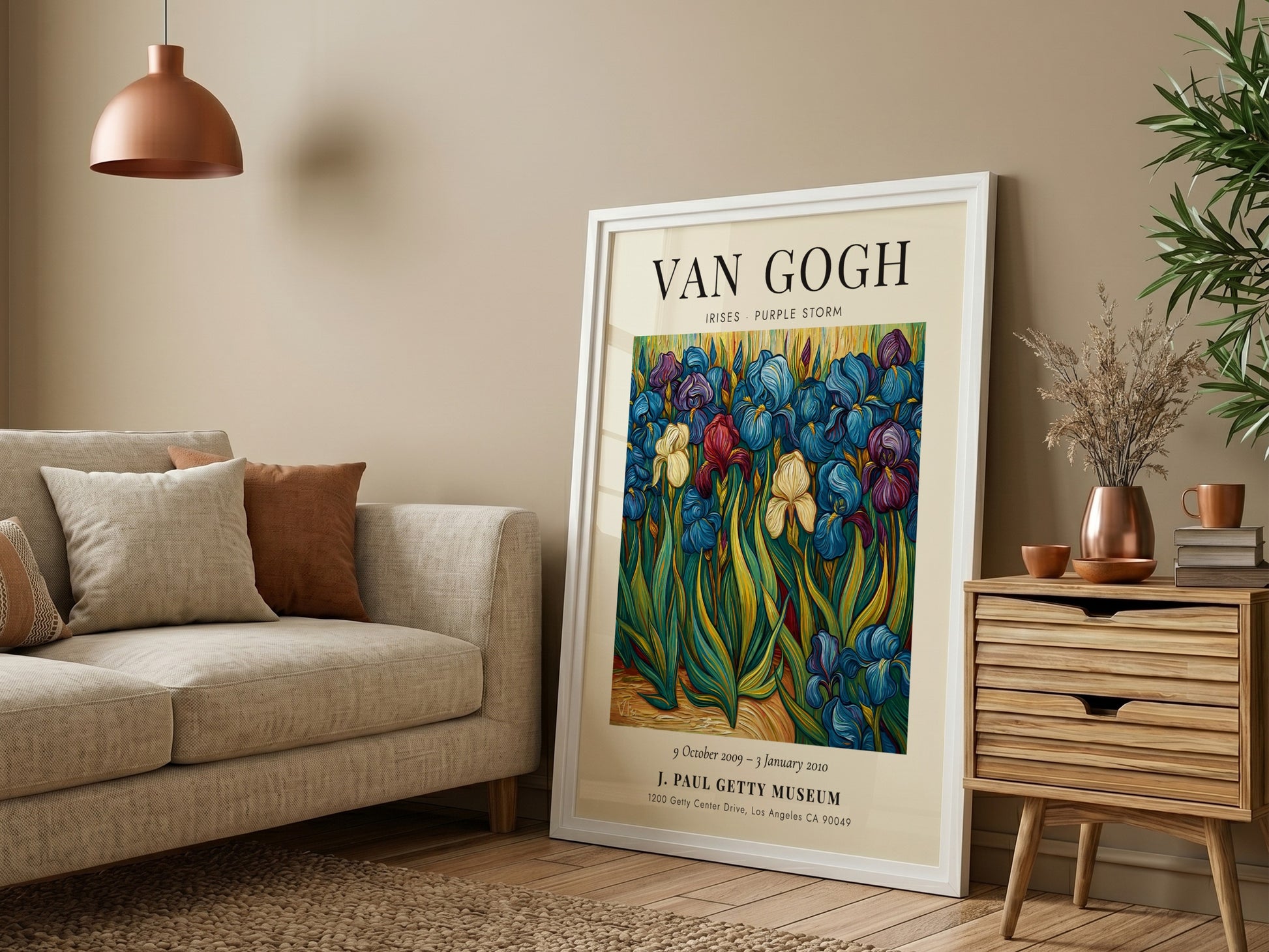 Poster inspired by Van Gogh featuring vibrant irises in purple and green hues