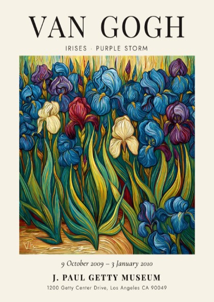 Poster inspired by Van Gogh featuring vibrant irises in purple and green hues