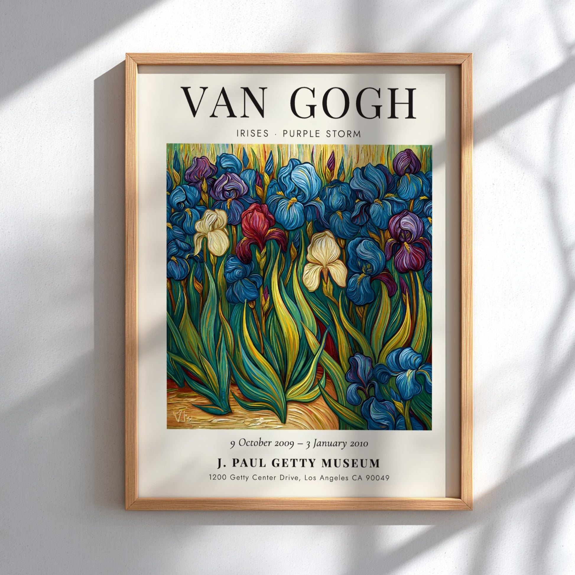 Poster inspired by Van Gogh featuring vibrant irises in purple and green hues