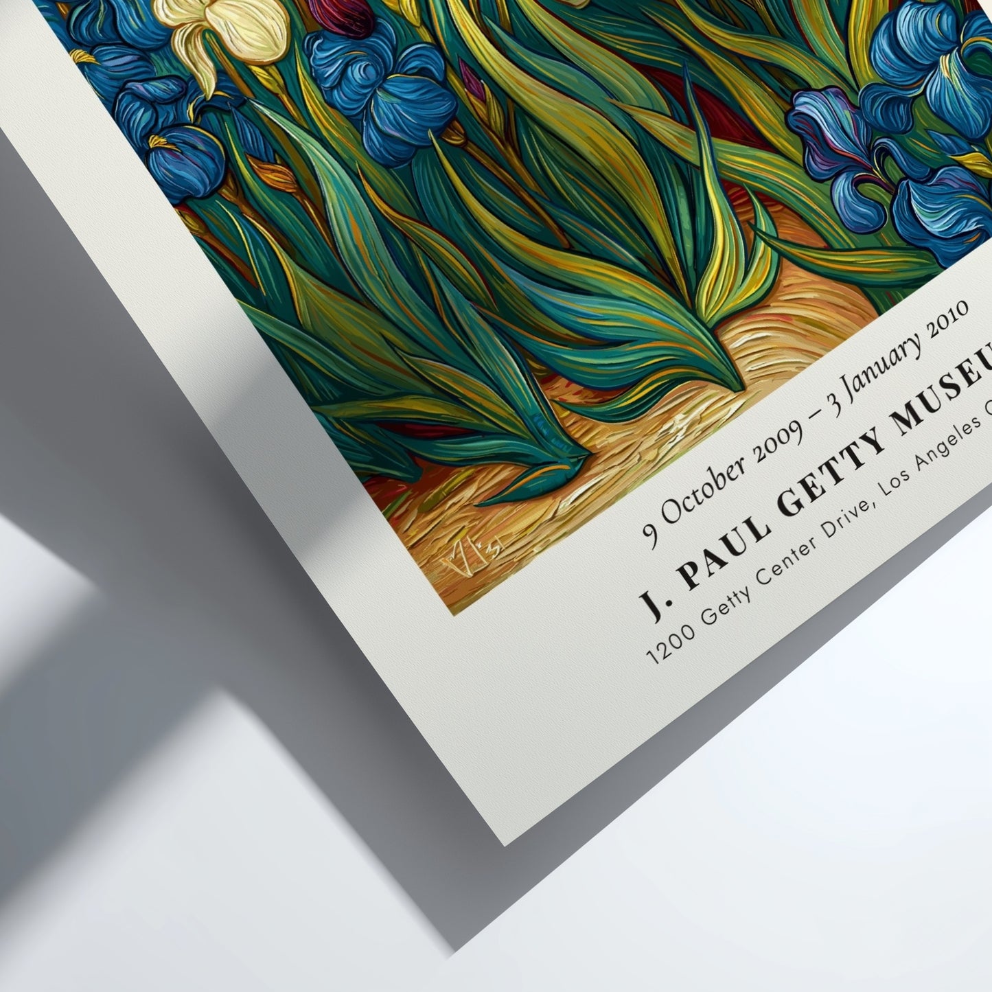 Poster inspired by Van Gogh featuring vibrant irises in purple and green hues