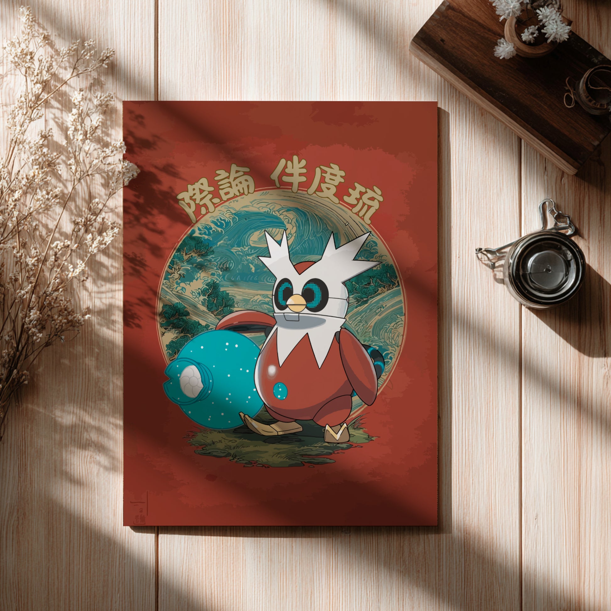 Illustrated Iron Bundle Pokemon on a red background with Japanese text, placed on a wooden surface.