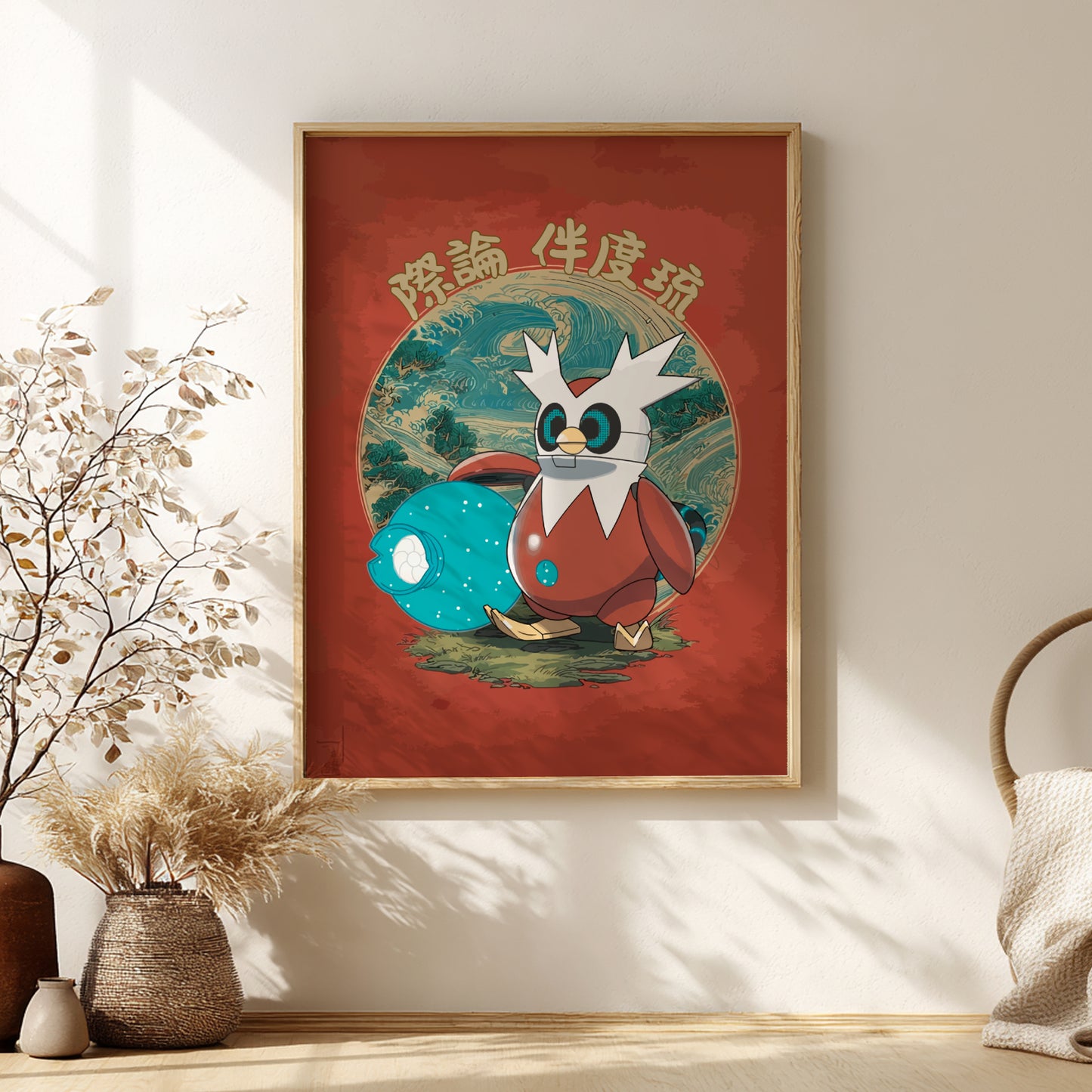 Framed artwork of Iron Bundle Pokemon character on a red background in a room with decor elements.