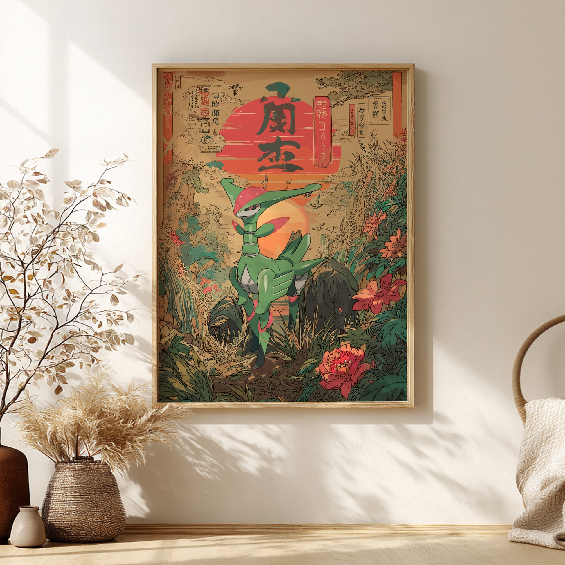 Framed artwork with a colorful design of Iron Leaves Pokemon character in a forest setting, placed on a wall with decorative elements.