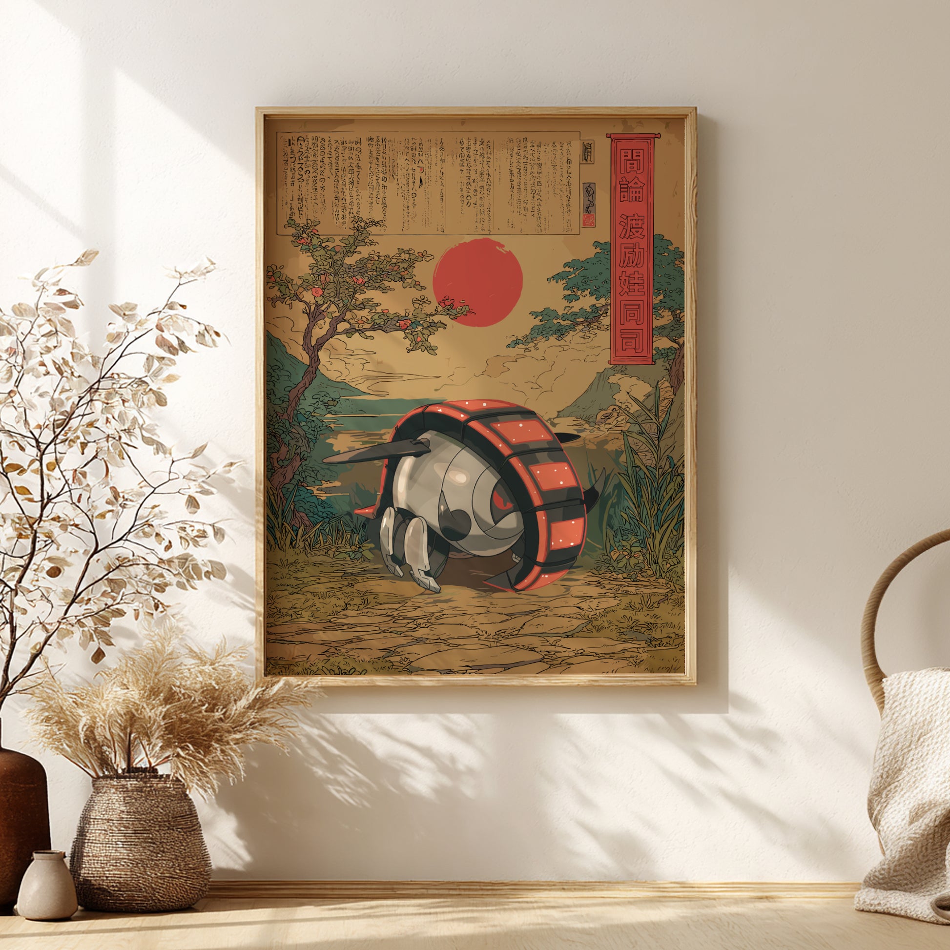 Framed artwork of Iron Treads Pokemon and sun design on a wall with decorative elements.