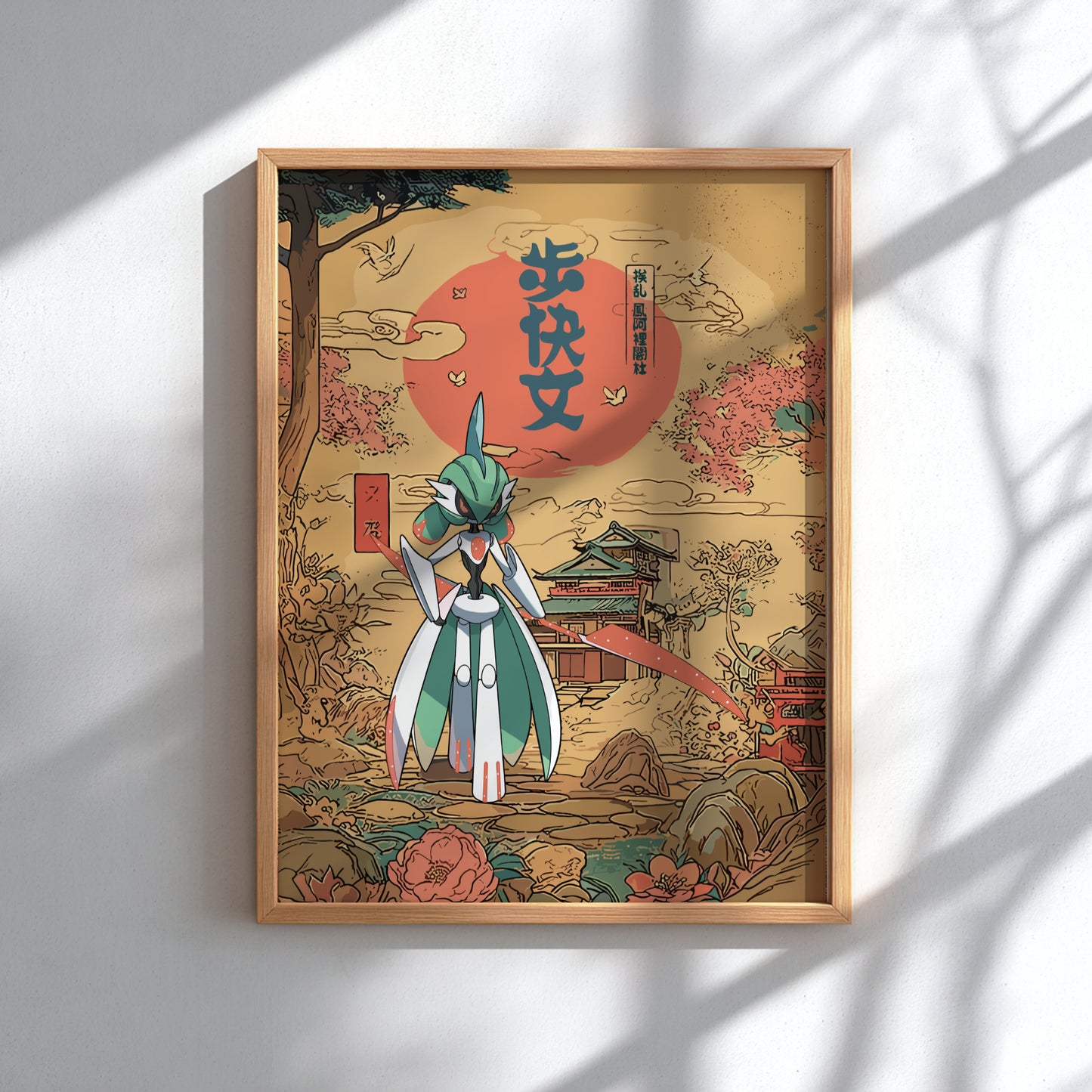 Framed artwork with Iron Valiant Pokemon in traditional attire against a scenic background