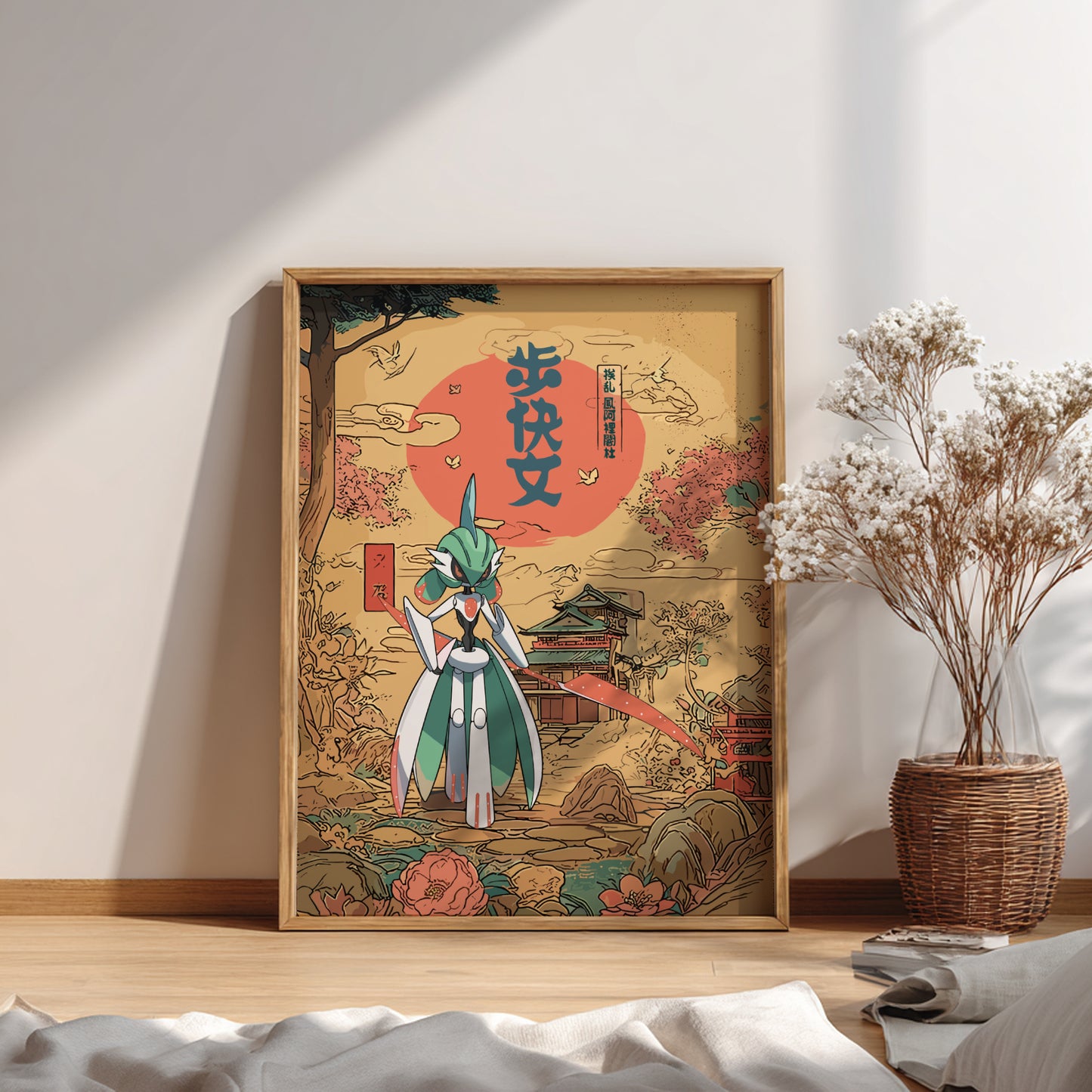 Framed artwork with Iron Valiant Pokemon character design on a wooden floor.